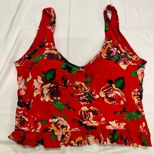 Janela Bay Red Floral Long Line Ruffle Swimsuit Top